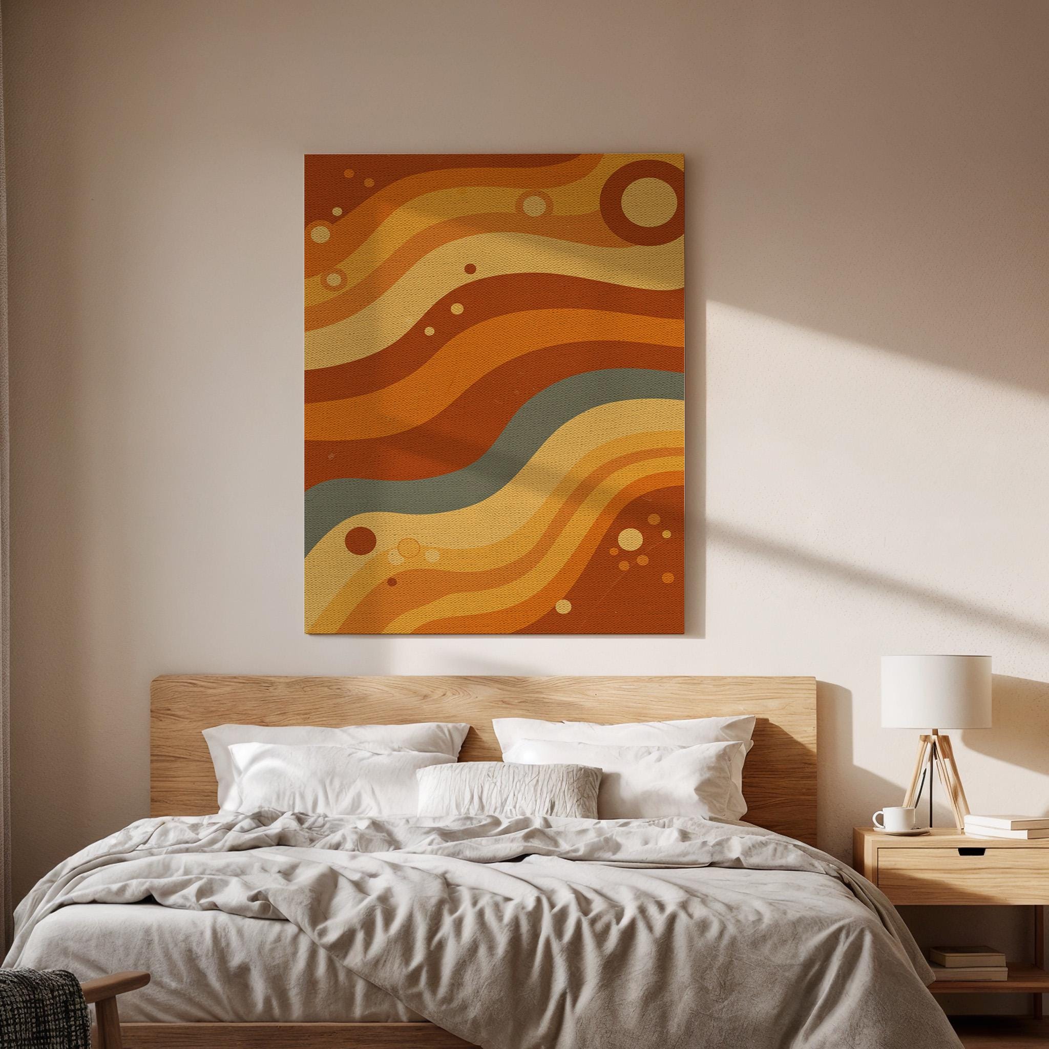 Retro Wave Canvas Wall Art Framed, 70s Style Abstract Print in Earth Tones, Boho Geometric Wall Decor for Living Room, Office or Hallway
