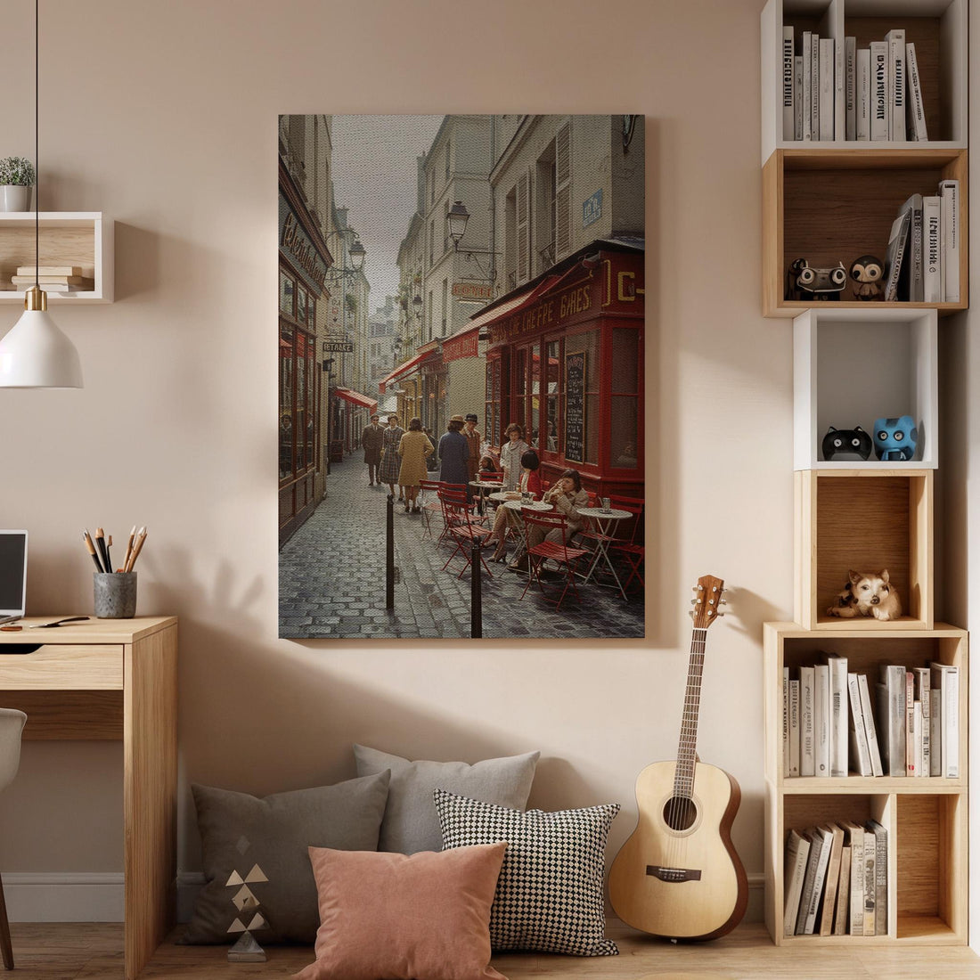 Paris Street Cafe Canvas Wall Art Framed, Vintage France Photography Print, European Travel Decor for Kitchen, Dining Room or Entryway