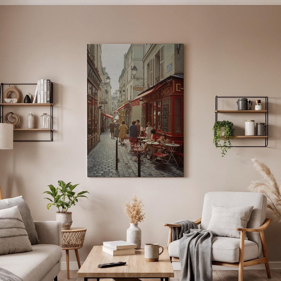 Paris Street Cafe Canvas Wall Art Framed, Vintage France Photography Print, European Travel Decor for Kitchen, Dining Room or Entryway