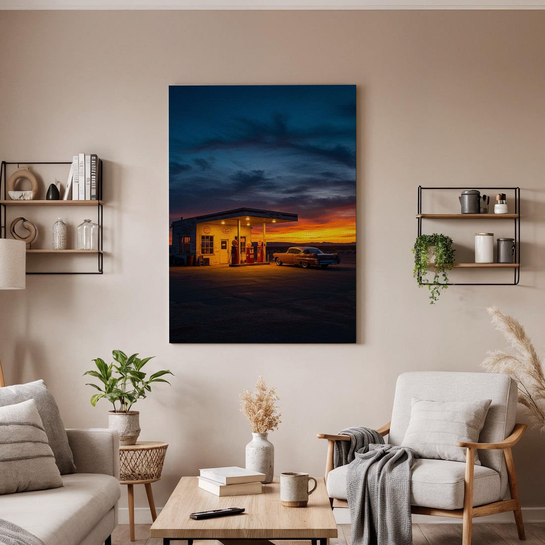Retro Gas Station Canvas Wall Art Framed, Vintage Car Photography Print, Americana Sunset Decor for Garage, Man Cave or Rustic Office