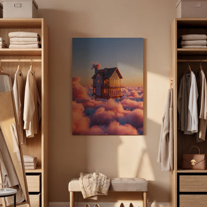Floating House in Clouds Canvas Wall Art Framed, Dreamy Fantasy Sunset Print, Surreal Sky Home Decor for Bedroom, Meditation Space