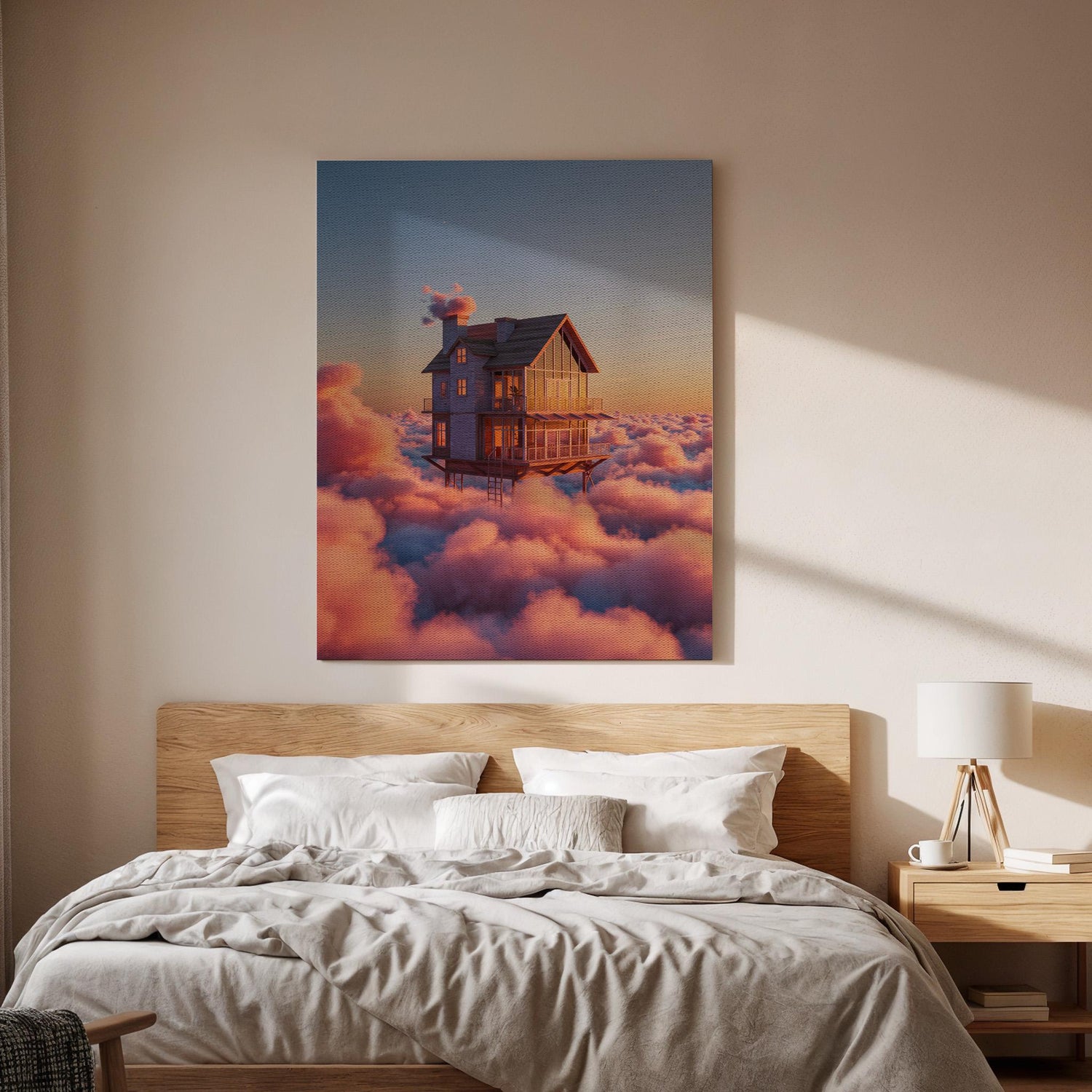 Floating House in Clouds Canvas Wall Art Framed, Dreamy Fantasy Sunset Print, Surreal Sky Home Decor for Bedroom, Meditation Space