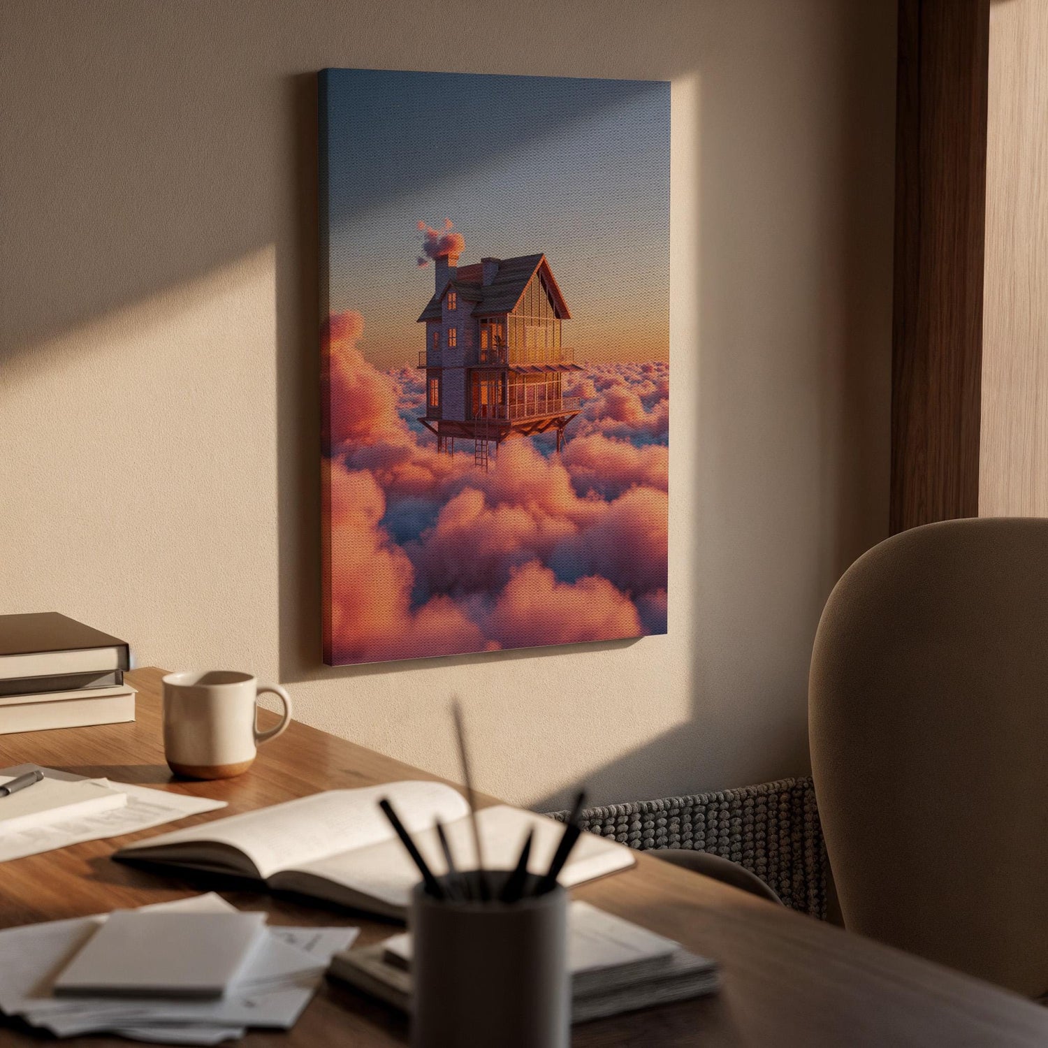Floating House in Clouds Canvas Wall Art Framed, Dreamy Fantasy Sunset Print, Surreal Sky Home Decor for Bedroom, Meditation Space