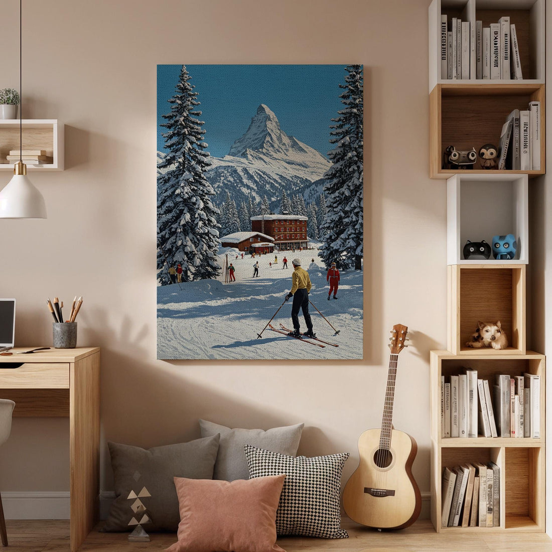 Vintage Ski Resort Canvas Print, Framed Snowy Mountain Scene
