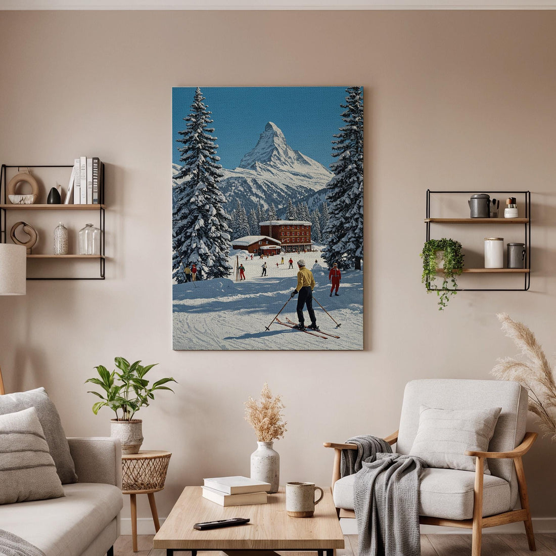 Vintage Ski Resort Canvas Print, Framed Snowy Mountain Scene