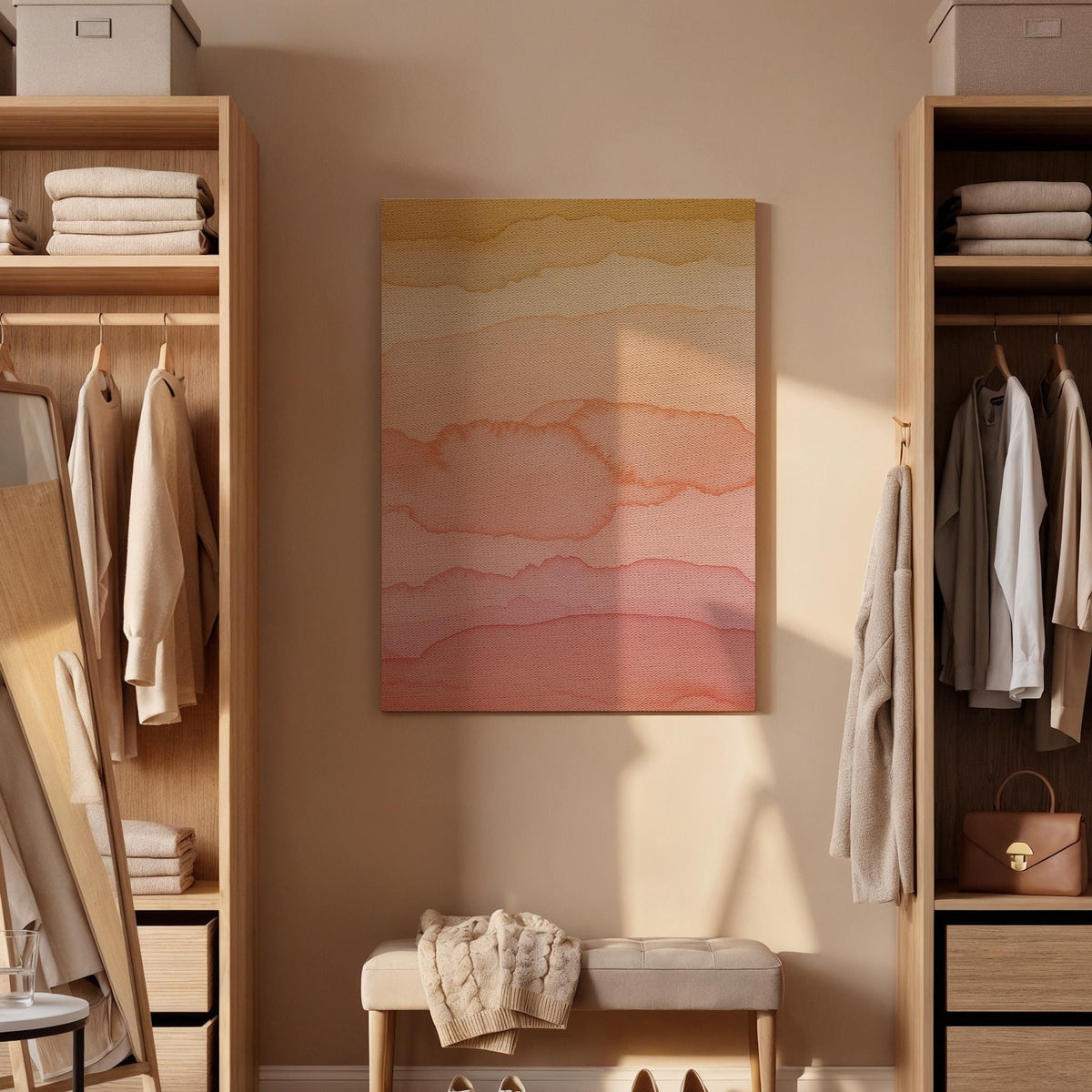 Framed Pink Orange Watercolor Canvas Print, Boho Abstract Wall Art