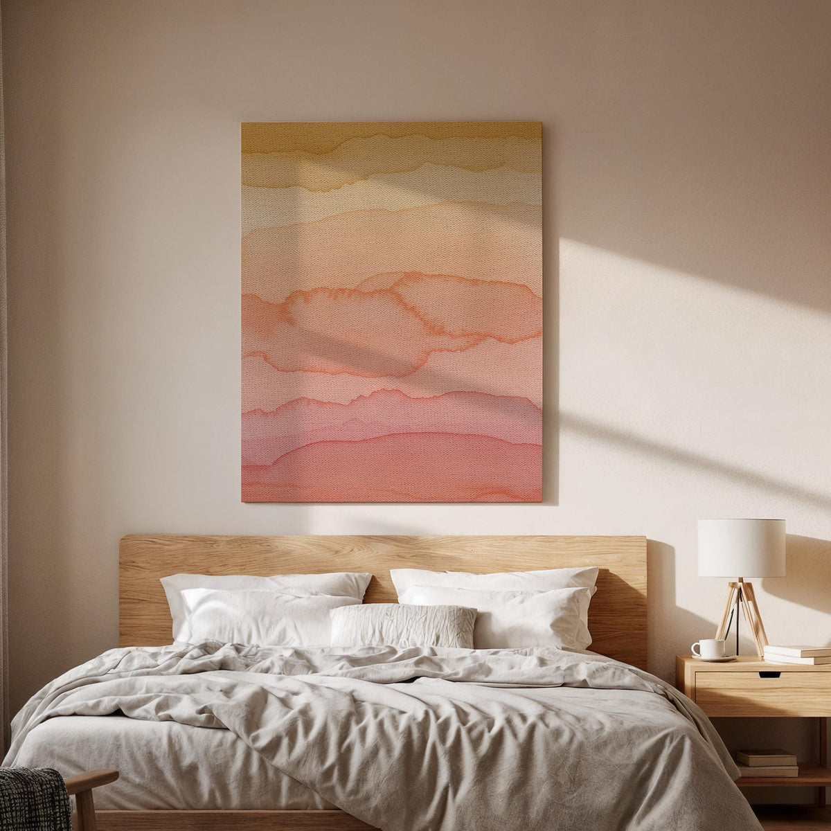 Framed Pink Orange Watercolor Canvas Print, Boho Abstract Wall Art