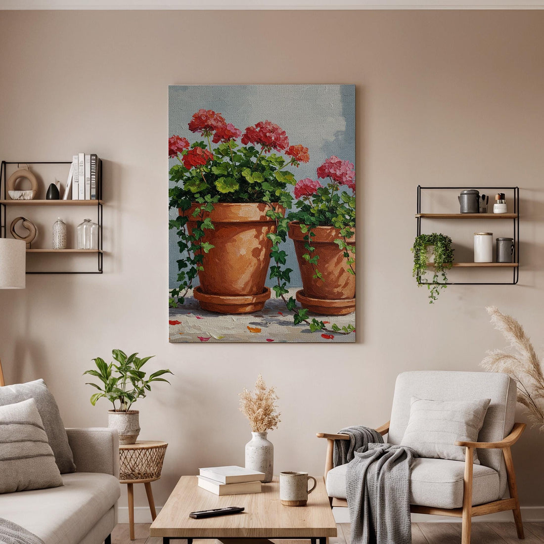 Framed Flower Pot Canvas Art Print, Rustic Cottage Decor