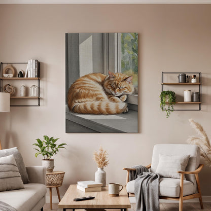 Sleeping Cat Canvas Wall Art Framed, Cozy Orange Tabby Print, Animal Lover Bedroom Living Room Decor, Peaceful Modern Pet Wall Artwork