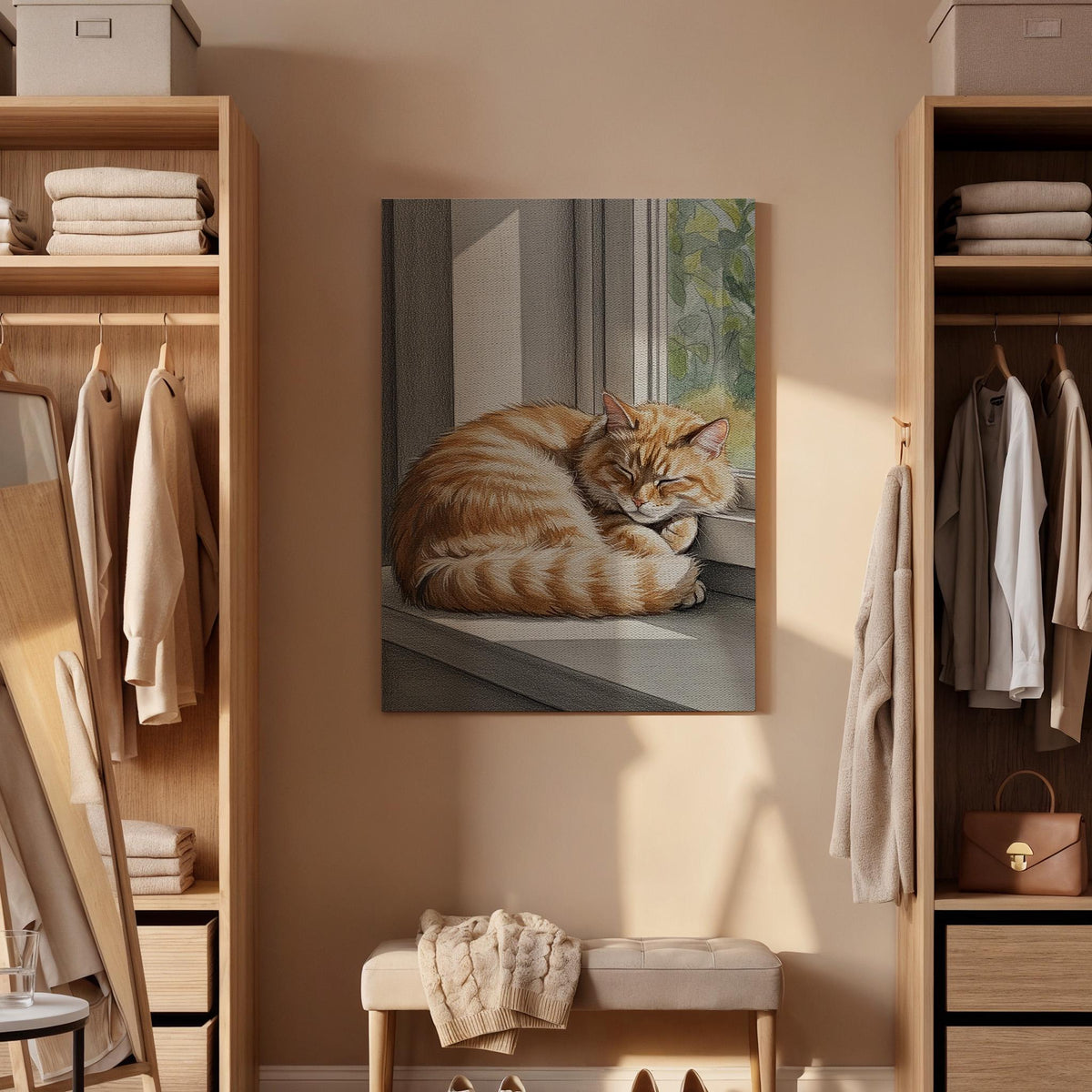 Sleeping Cat Canvas Wall Art Framed, Cozy Orange Tabby Print, Animal Lover Bedroom Living Room Decor, Peaceful Modern Pet Wall Artwork