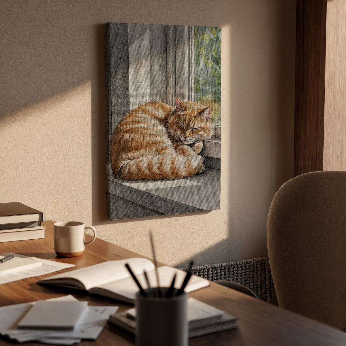 Sleeping Cat Canvas Wall Art Framed, Cozy Orange Tabby Print, Animal Lover Bedroom Living Room Decor, Peaceful Modern Pet Wall Artwork
