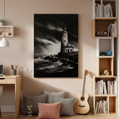 Stormy Lighthouse Canvas Wall Art Framed, Black White Nautical Print, Dramatic Coastal Bedroom Living Room Decor, Modern Sea Wall Artwork