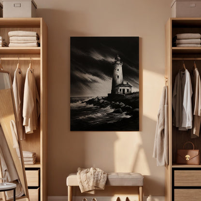 Stormy Lighthouse Canvas Wall Art Framed, Black White Nautical Print, Dramatic Coastal Bedroom Living Room Decor, Modern Sea Wall Artwork