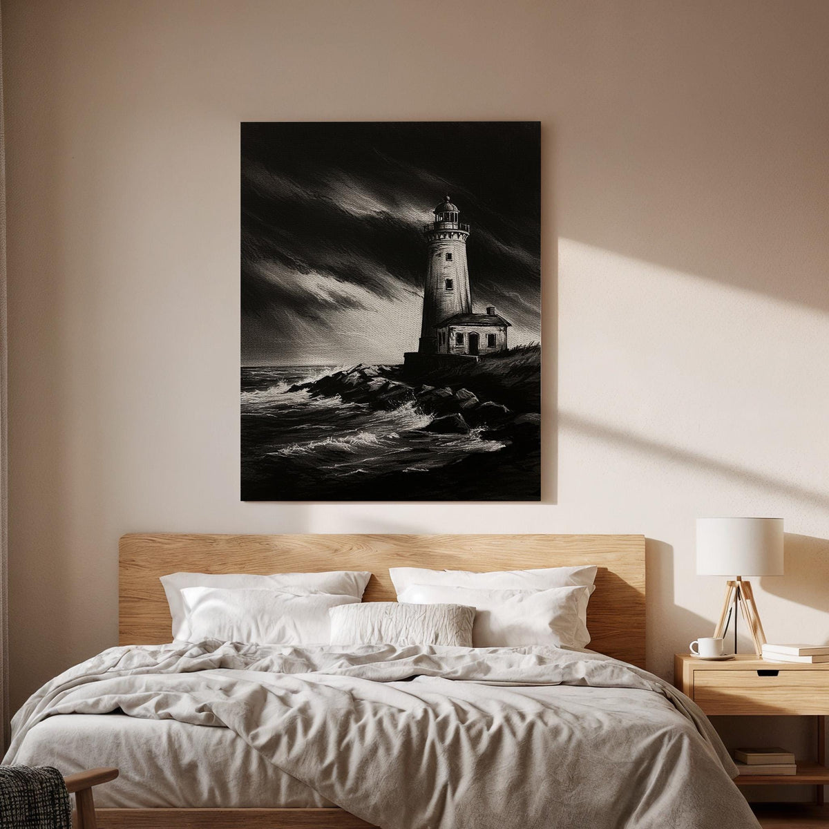 Stormy Lighthouse Canvas Wall Art Framed, Black White Nautical Print, Dramatic Coastal Bedroom Living Room Decor, Modern Sea Wall Artwork