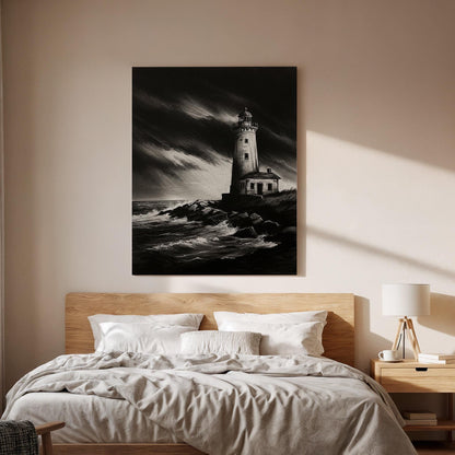Stormy Lighthouse Canvas Wall Art Framed, Black White Nautical Print, Dramatic Coastal Bedroom Living Room Decor, Modern Sea Wall Artwork