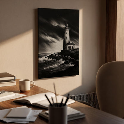 Stormy Lighthouse Canvas Wall Art Framed, Black White Nautical Print, Dramatic Coastal Bedroom Living Room Decor, Modern Sea Wall Artwork