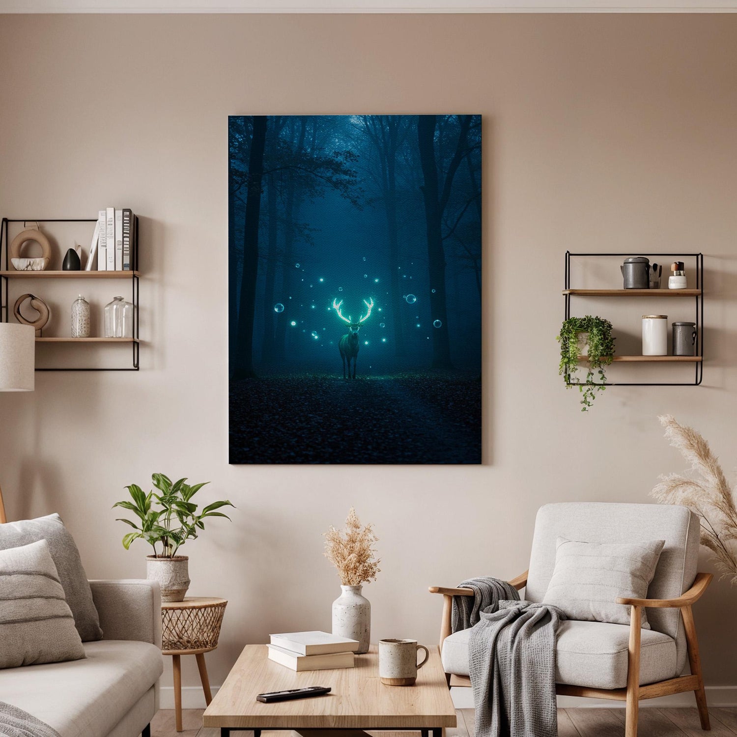 Mystical Deer Forest Canvas Wall Art, Glowing Antlers Fantasy Print, Framed Enchanted Night Scene Artwork for Bedroom, Living Room or Studio