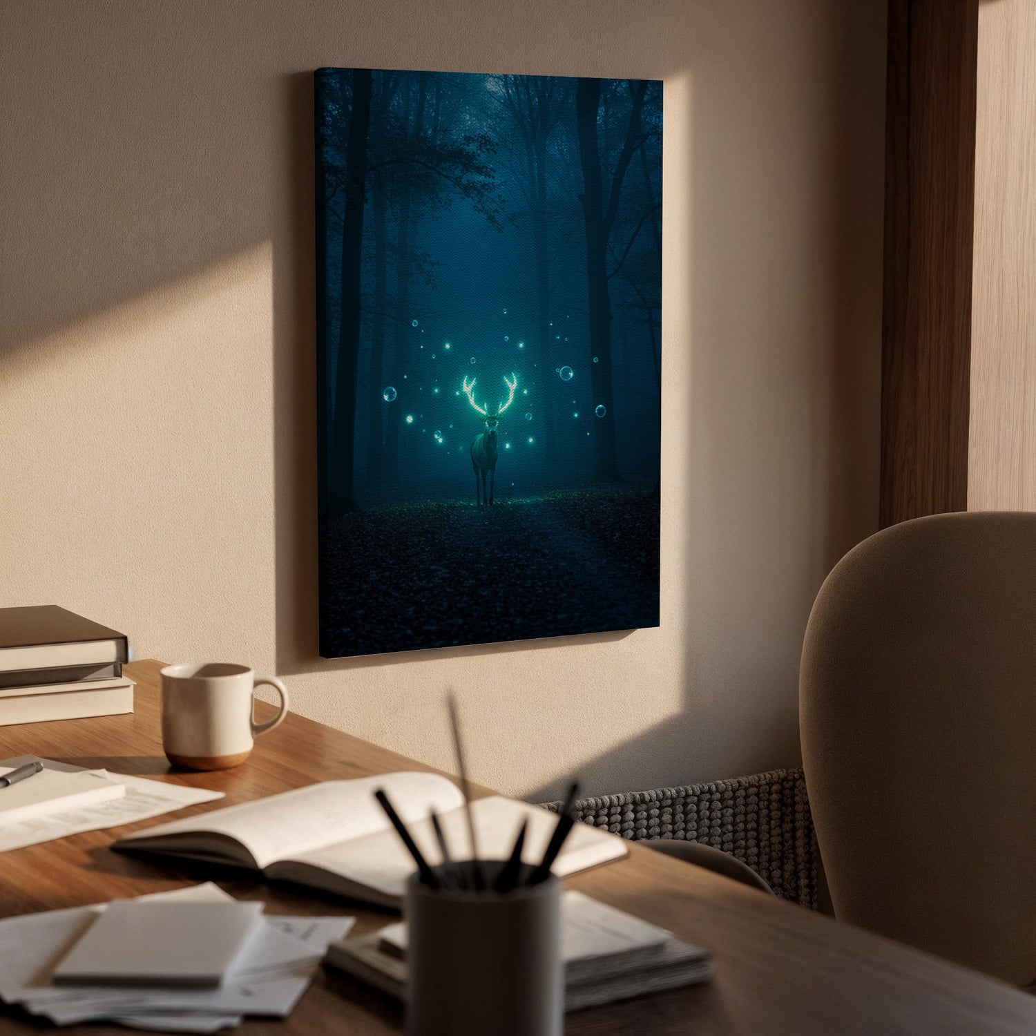 Mystical Deer Forest Canvas Wall Art, Glowing Antlers Fantasy Print, Framed Enchanted Night Scene Artwork for Bedroom, Living Room or Studio