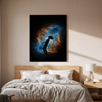 Cosmic Transformation Canvas Wall Art, Surreal Galaxy Silhouette Print, Framed Butterfly Nebula Artwork for Bedroom, Living Room or Studio