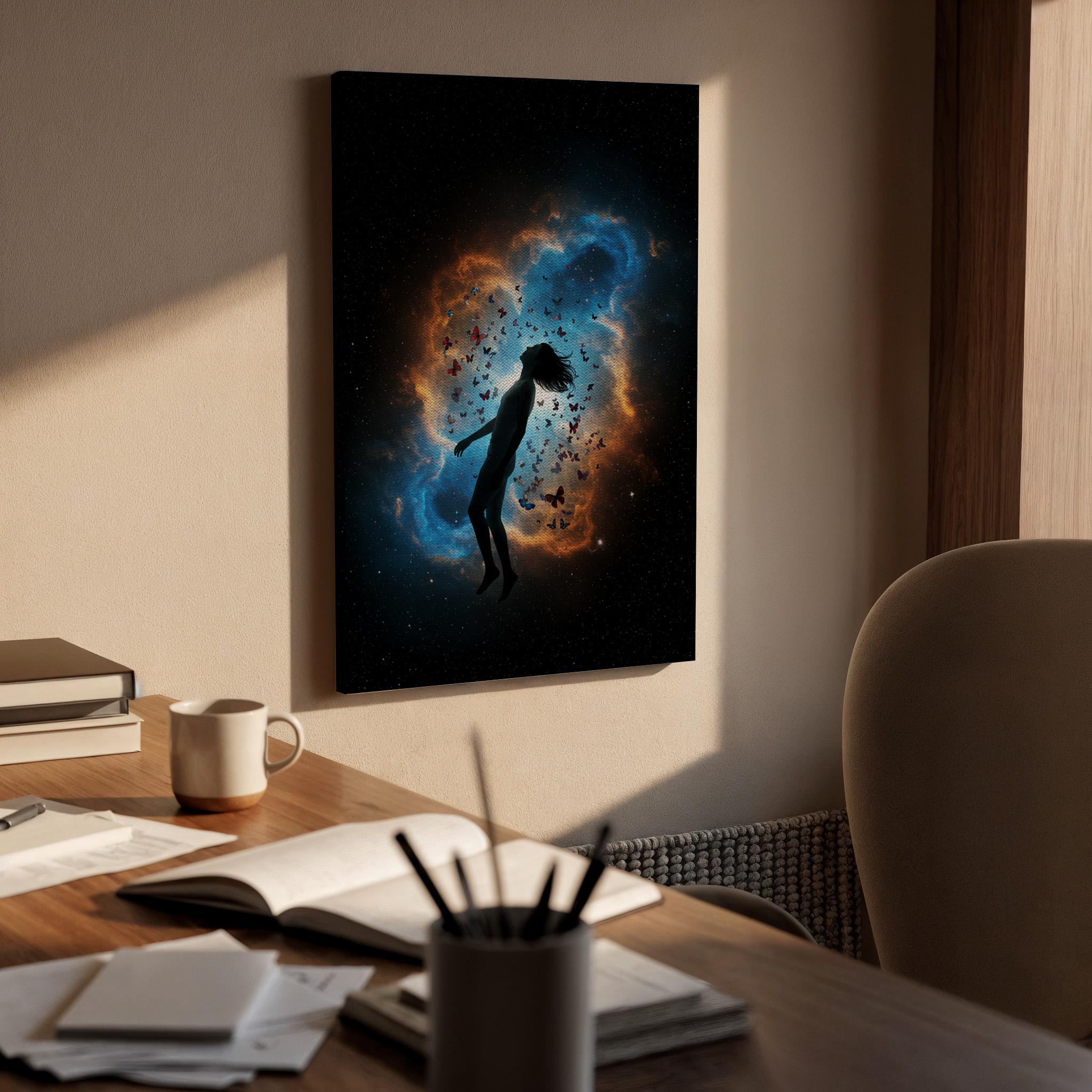 Cosmic Transformation Canvas Wall Art, Surreal Galaxy Silhouette Print, Framed Butterfly Nebula Artwork for Bedroom, Living Room or Studio