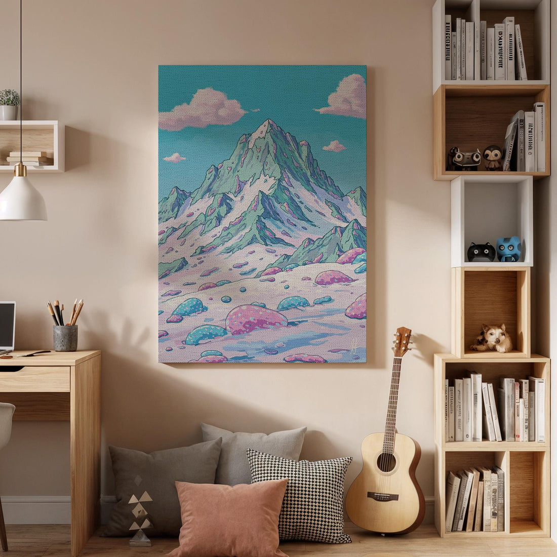 Pastel Mountain Canvas Wall Art, Surreal Fantasy Landscape Print, Framed Dreamy Nature Artwork for Bedroom, Living Room or Creative Studio