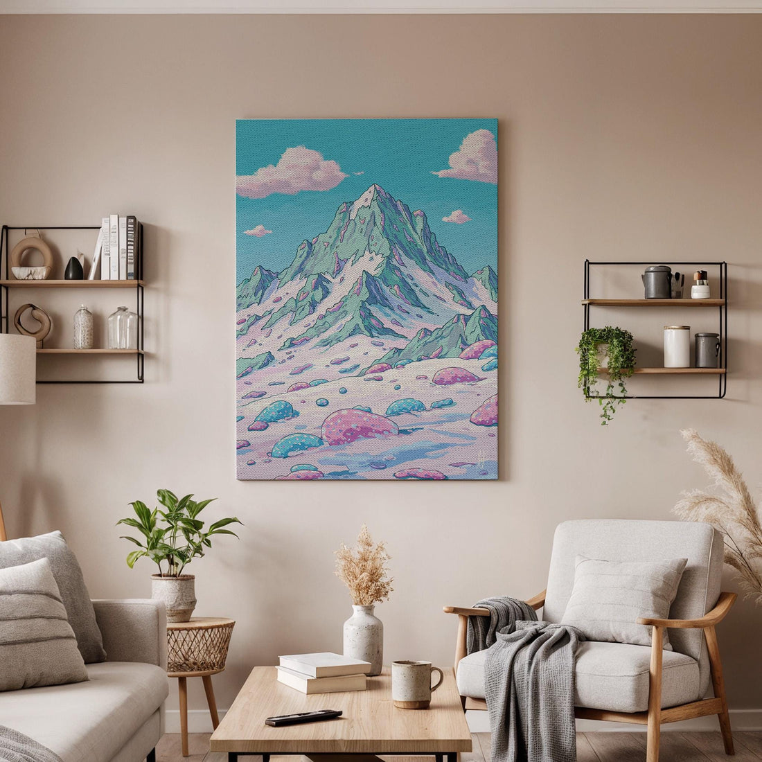 Pastel Mountain Canvas Wall Art, Surreal Fantasy Landscape Print, Framed Dreamy Nature Artwork for Bedroom, Living Room or Creative Studio
