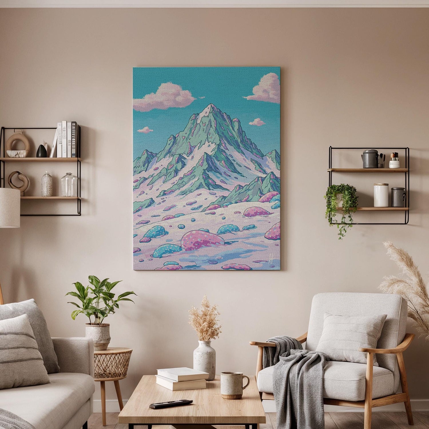 Pastel Mountain Canvas Wall Art, Surreal Fantasy Landscape Print, Framed Dreamy Nature Artwork for Bedroom, Living Room or Creative Studio