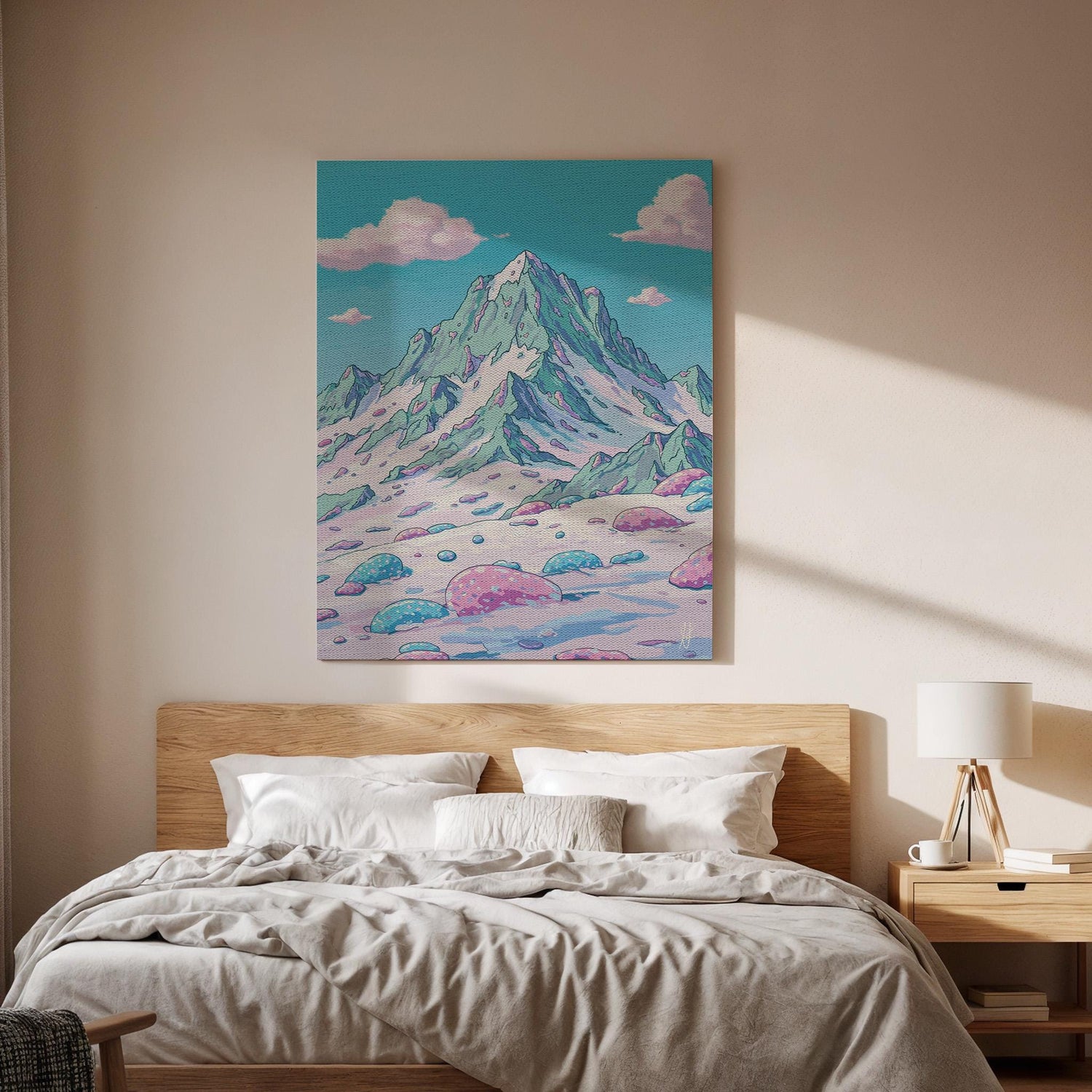 Pastel Mountain Canvas Wall Art, Surreal Fantasy Landscape Print, Framed Dreamy Nature Artwork for Bedroom, Living Room or Creative Studio