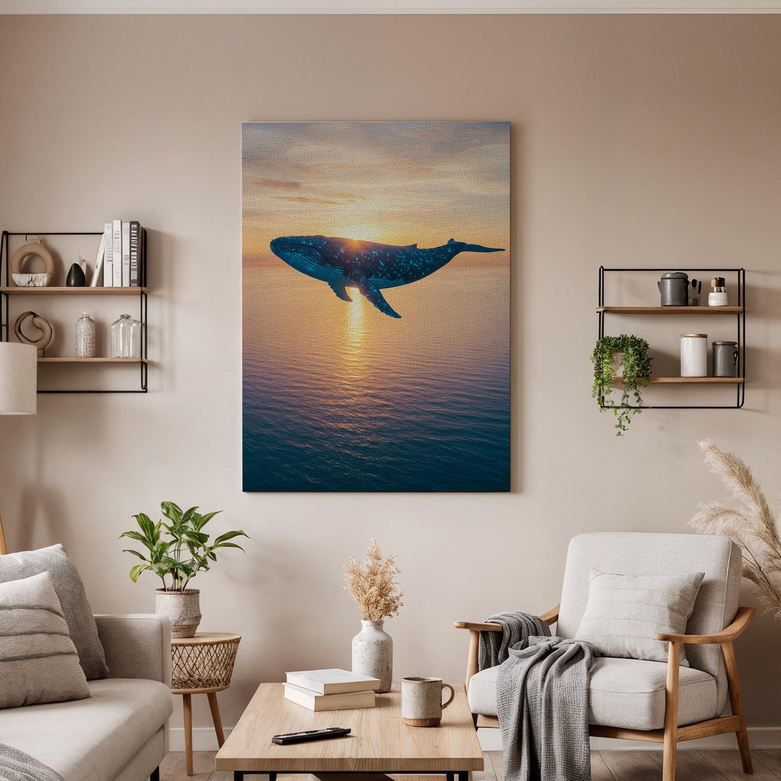 Surreal Whale Sunset Canvas Wall Art, Dreamy Ocean Animal Print, Framed Fantasy Marine Decor for Bedroom, Meditation Corner or Office