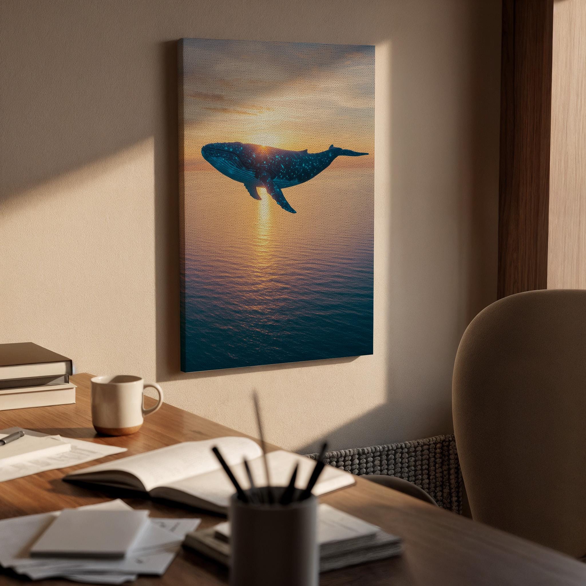 Surreal Whale Sunset Canvas Wall Art, Dreamy Ocean Animal Print, Framed Fantasy Marine Decor for Bedroom, Meditation Corner or Office