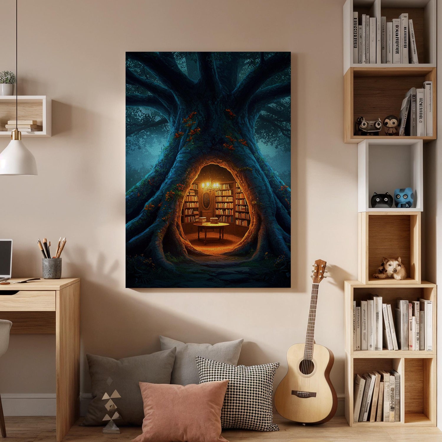 Magical Tree Library Canvas Wall Art, Enchanted Forest Book Nook Print, Framed Fantasy Reading Room Decor for Study, Bedroom or Library