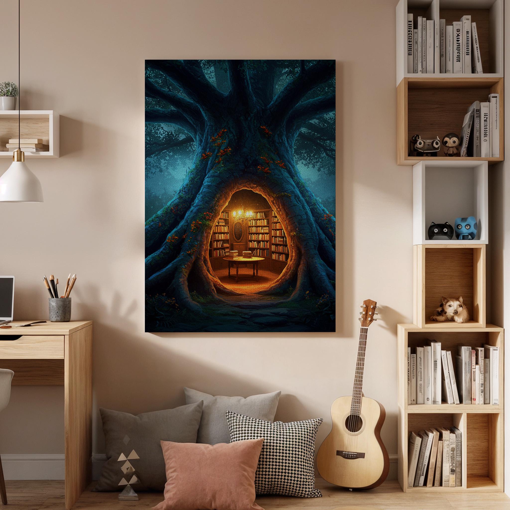 Magical Tree Library Canvas Wall Art, Enchanted Forest Book Nook Print, Framed Fantasy Reading Room Decor for Study, Bedroom or Library