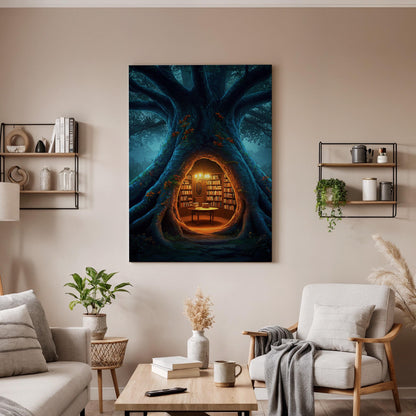 Magical Tree Library Canvas Wall Art, Enchanted Forest Book Nook Print, Framed Fantasy Reading Room Decor for Study, Bedroom or Library