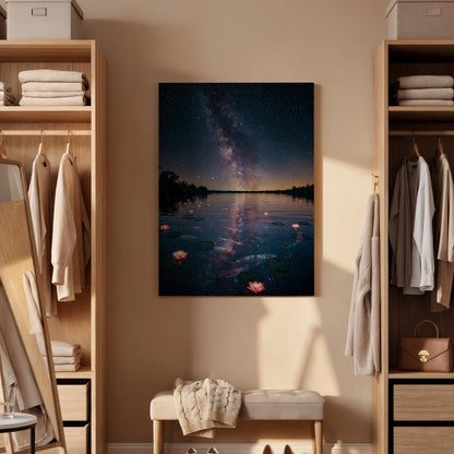 Milky Way Night Lake Canvas Wall Art, Starry Sky Water Lily Print, Framed Dreamy Nature Landscape Decor for Bedroom, Lounge or Office