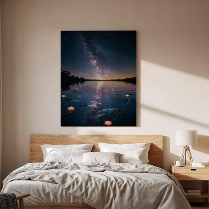 Milky Way Night Lake Canvas Wall Art, Starry Sky Water Lily Print, Framed Dreamy Nature Landscape Decor for Bedroom, Lounge or Office