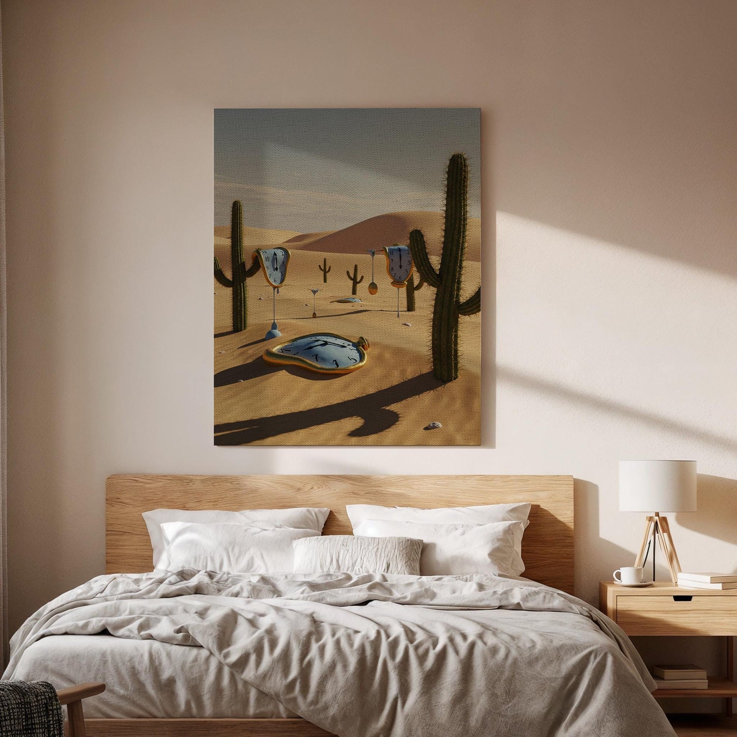 Surreal Desert Melting Clock Canvas Wall Art, Dreamlike Time Print, Framed Fantasy Landscape Decor for Living Room, Study or Office