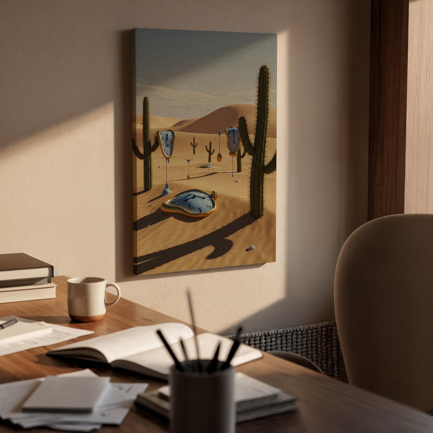 Surreal Desert Melting Clock Canvas Wall Art, Dreamlike Time Print, Framed Fantasy Landscape Decor for Living Room, Study or Office