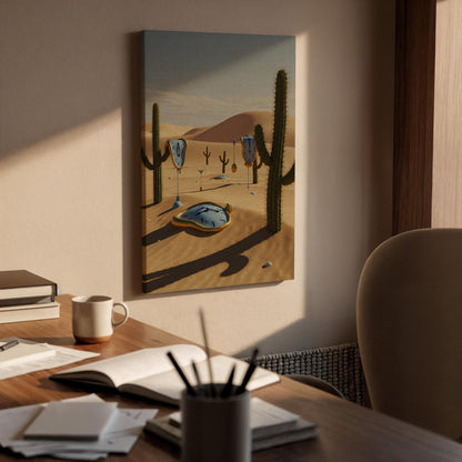 Surreal Desert Melting Clock Canvas Wall Art, Dreamlike Time Print, Framed Fantasy Landscape Decor for Living Room, Study or Office