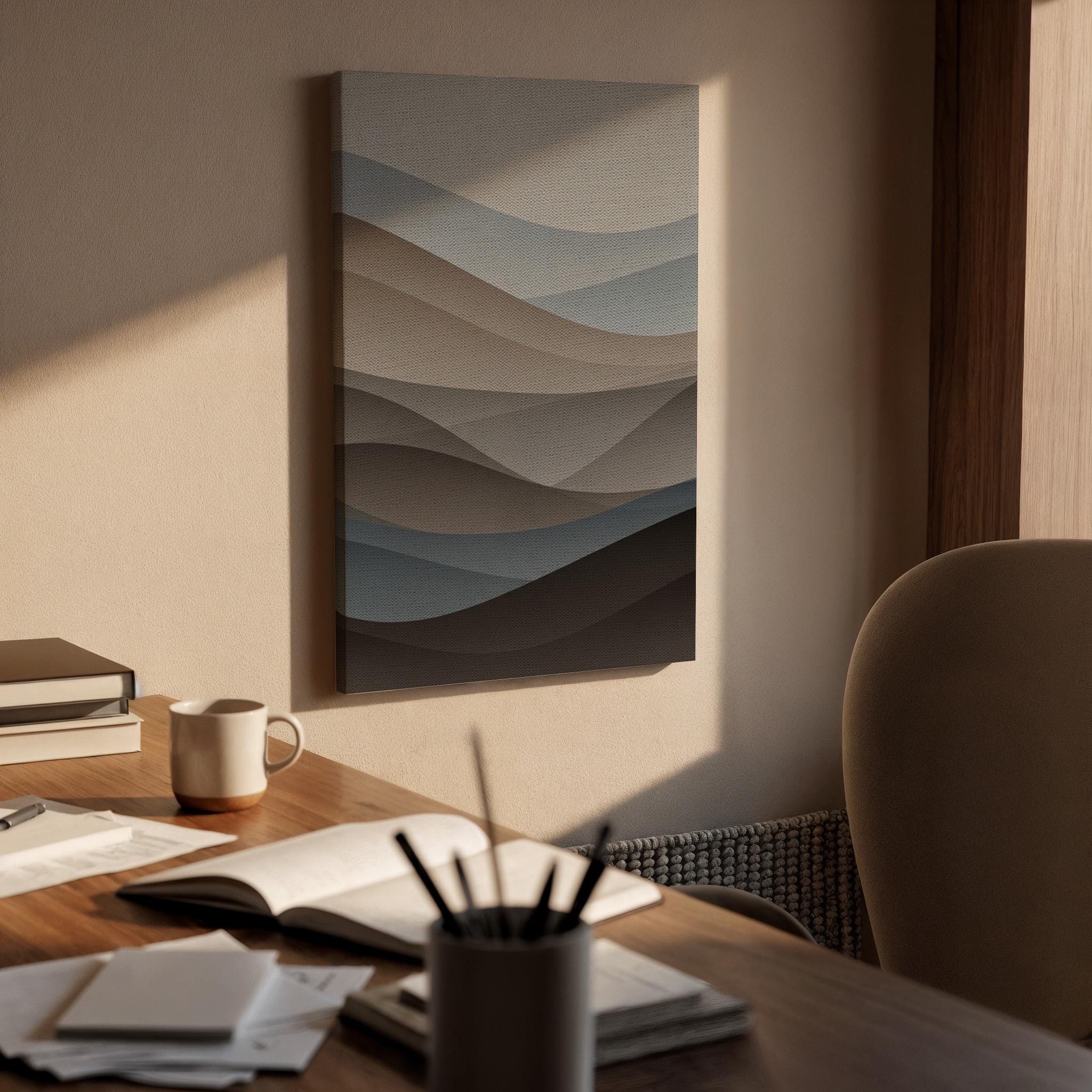 Minimal Abstract Wave Canvas Wall Art, Neutral Layered Shapes Print, Framed Modern Calming Decor for Bedroom, Living Room or Office