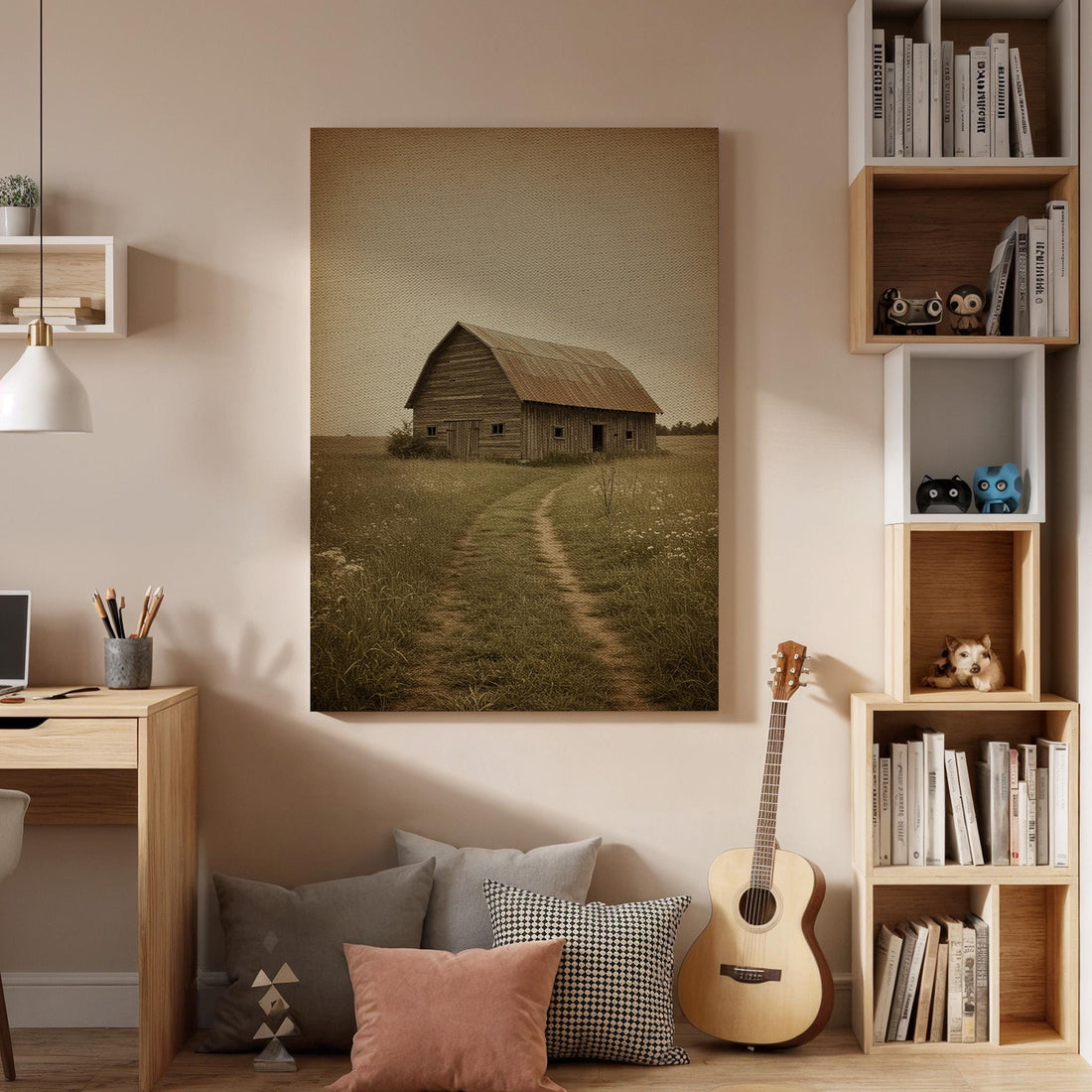 Rustic Barn Canvas Wall Art, Vintage Farmhouse Landscape Print, Framed Country Road Rural Decor for Living Room, Bedroom or Cozy Cottage