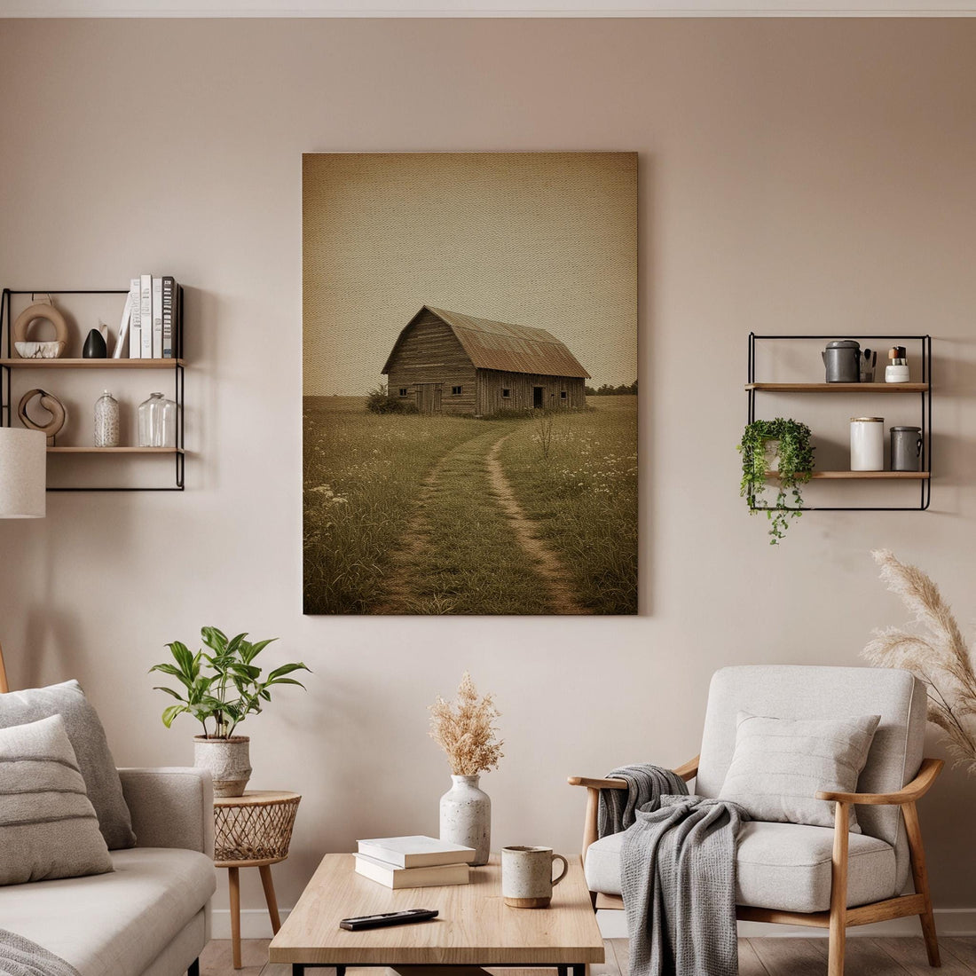 Rustic Barn Canvas Wall Art, Vintage Farmhouse Landscape Print, Framed Country Road Rural Decor for Living Room, Bedroom or Cozy Cottage