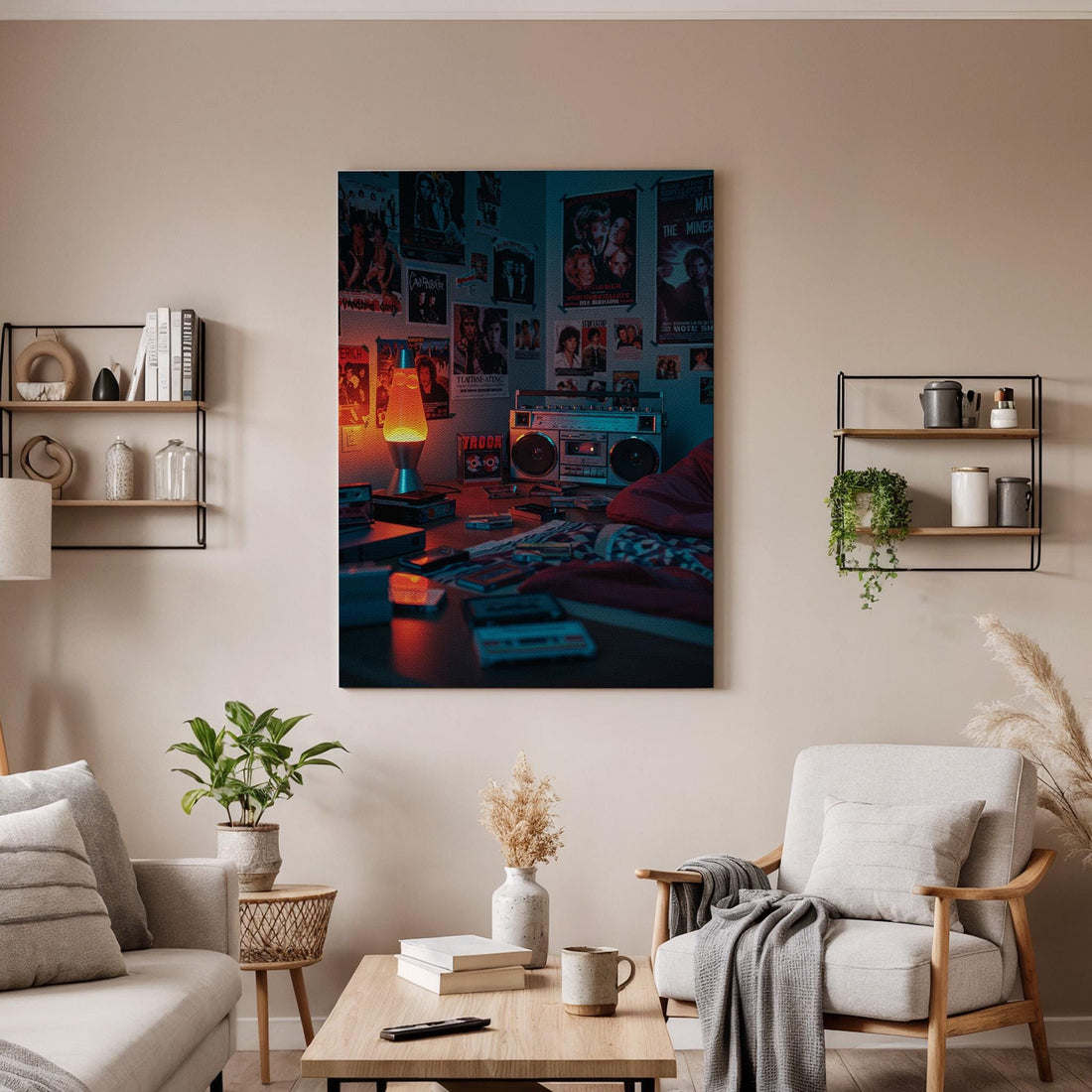 Retro 80s Room Canvas Wall Art, Vintage Music Cassette Print, Framed Nostalgic Bedroom Decor for Music Lovers, Gaming Room or Studio