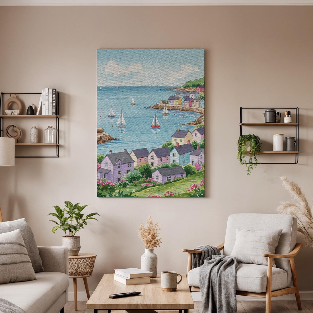 Coastal Village Canvas Wall Art, Colorful Seaside Houses and Sailboats Print, Framed Nautical Beach Decor for Living Room, Cottage or Office