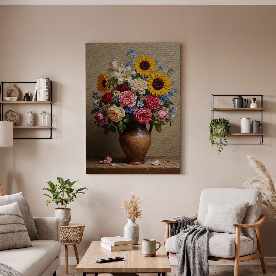 Rustic Floral Bouquet Canvas Wall Art, Sunflowers and Roses Still Life Print, Framed Vintage Flower Decor for Kitchen, Dining Room