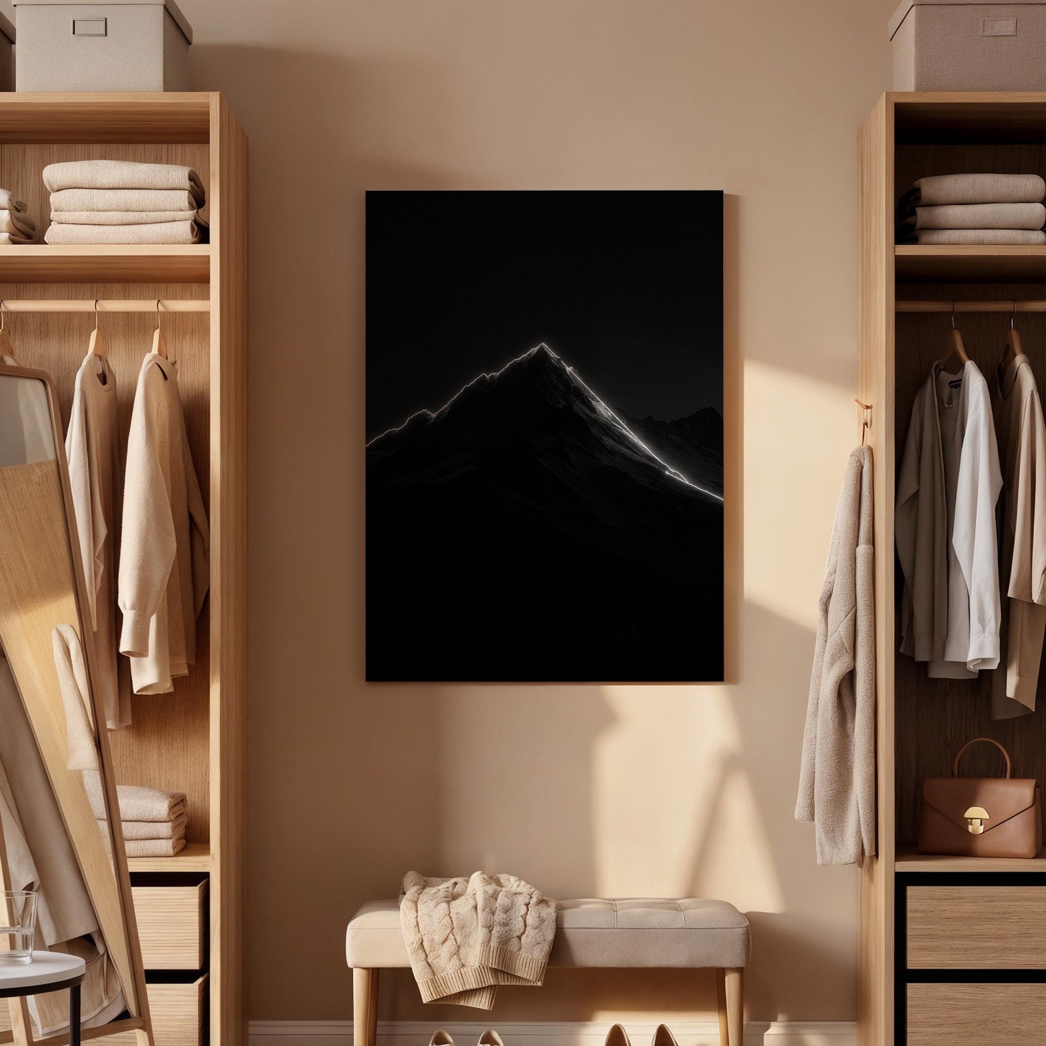 Minimal Dark Mountain Canvas Wall Art, Glowing Peak Silhouette Print, Framed Modern Black and White Nature Decor for Bedroom, Office