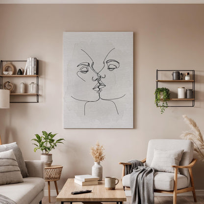 Minimalist Kiss Line Art, Romantic Couple Canvas Print, Framed Love Decor