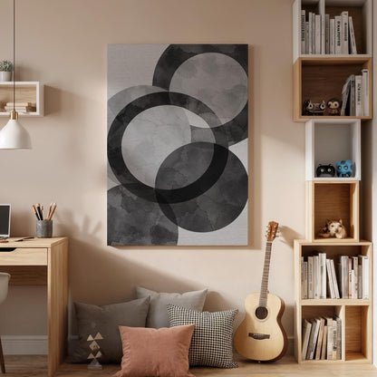 Abstract Black Gray Geometric Canvas Wall Art, Minimal Circle Print, Framed Neutral Contemporary Decor for Living Room, Bedroom or Office