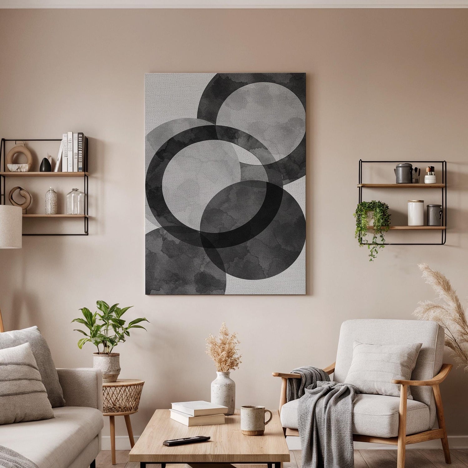 Abstract Black Gray Geometric Canvas Wall Art, Minimal Circle Print, Framed Neutral Contemporary Decor for Living Room, Bedroom or Office
