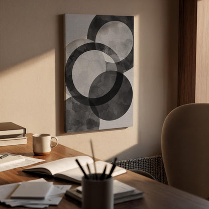 Abstract Black Gray Geometric Canvas Wall Art, Minimal Circle Print, Framed Neutral Contemporary Decor for Living Room, Bedroom or Office