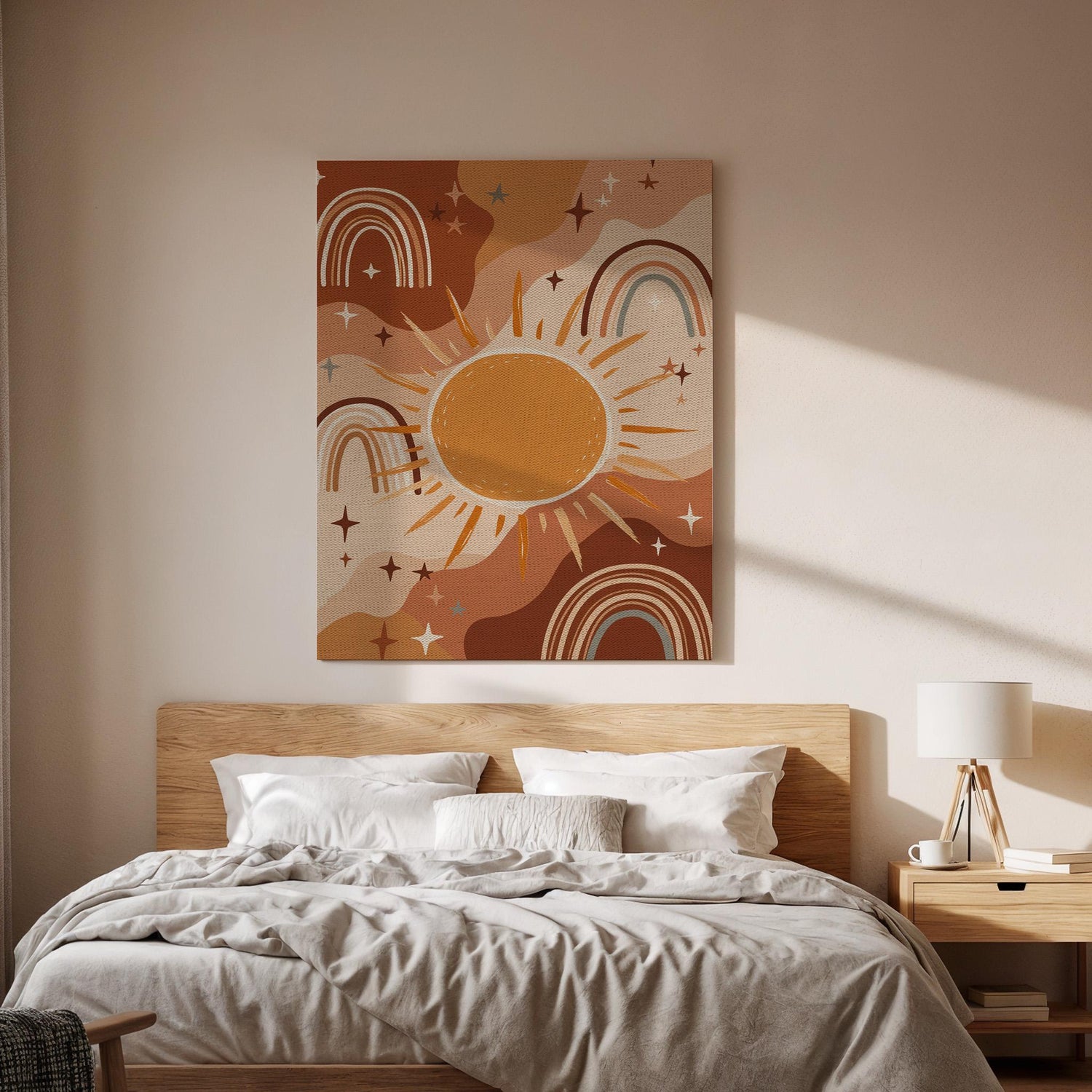 Boho Sun and Rainbow Canvas Wall Art, Warm Earth Tone Starry Print, Framed Abstract Celestial Decor for Nursery, Bedroom or Living Room